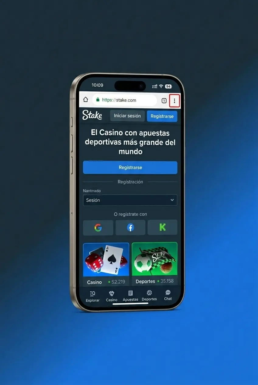 Instalación de la PWA de Stake en Android con Chrome, acceso directo en pantalla de inicio de dispositivo móvil