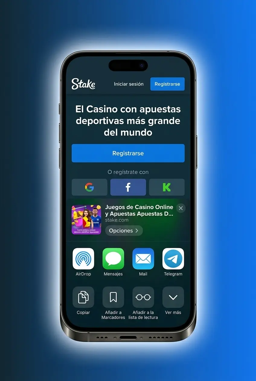 Instalación de la PWA de Stake en iPhone con Safari, mostrando pasos para agregar a pantalla de inicio en iOS 14 o superior