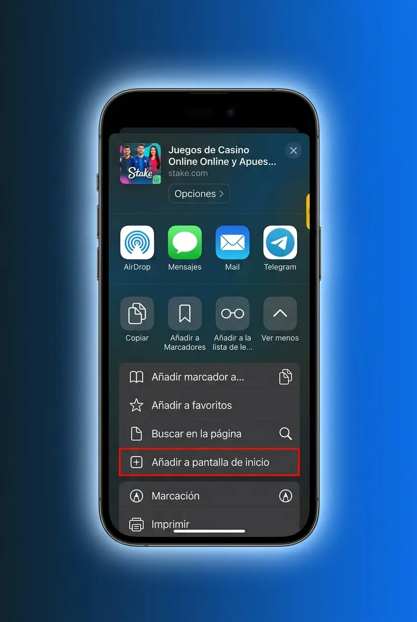 Instalación de la PWA de Stake en iPhone con Safari, mostrando pasos para agregar a pantalla de inicio en iOS 14 o superior