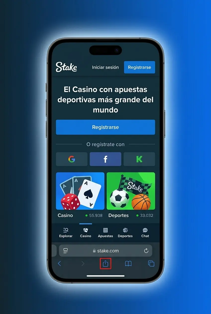 Instalación de la PWA de Stake en iPhone con Safari, pasos para agregar a pantalla de inicio en iOS 14 o superior
