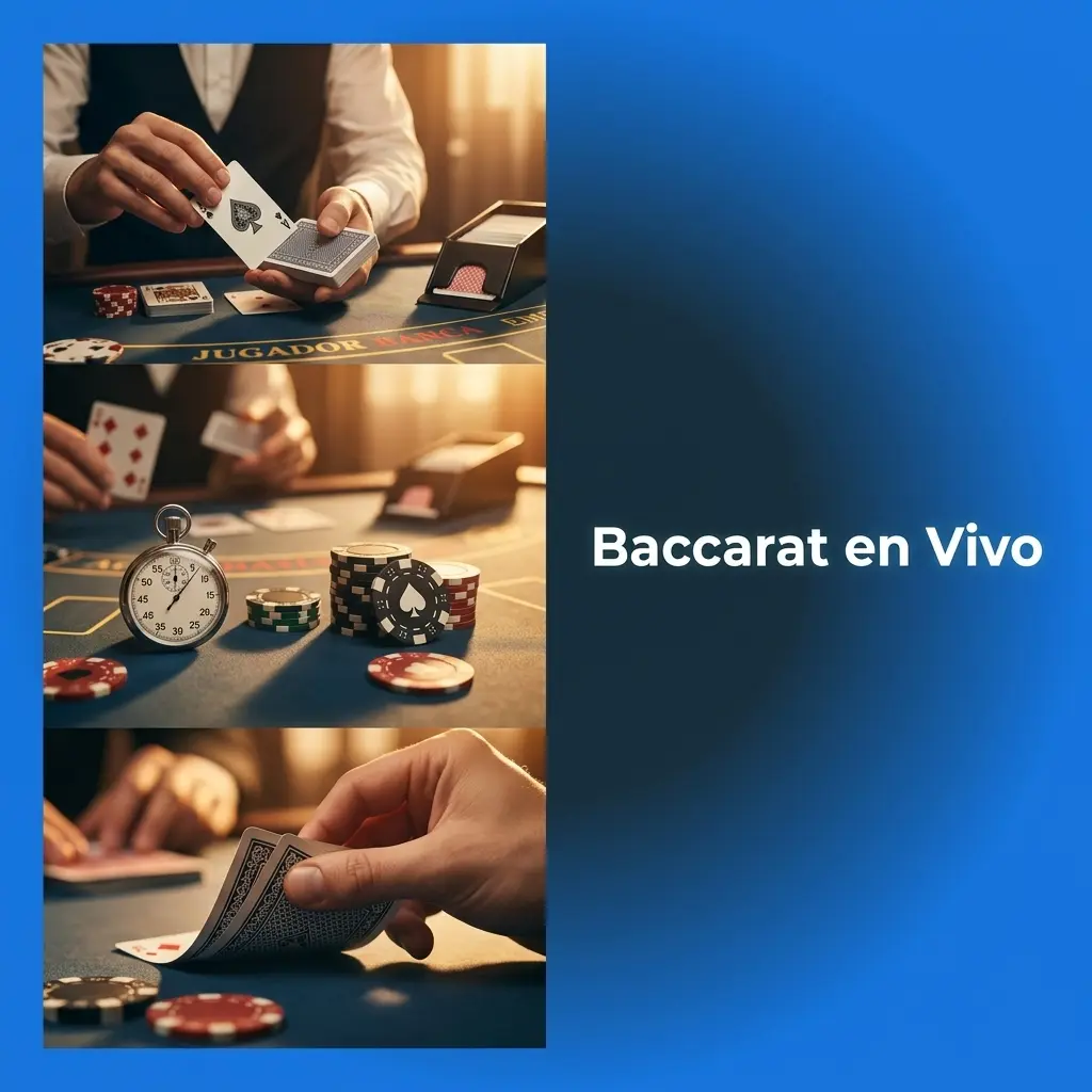 Mesa de baccarat en vivo con dealer y cartas en juego, opciones de apuesta a Jugador, Banca o Empate en Stake